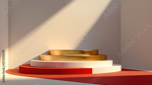 Multi-tiered circular platform with red carpet and warm lighting