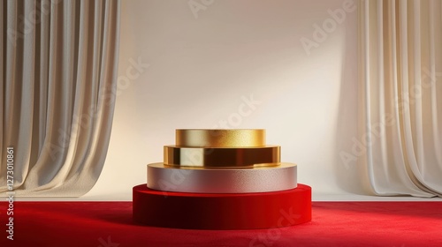 Three-tiered structure with red base and gold steps on red carpet