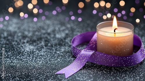World cancer day concept. A lit candle with a purple ribbon sparkles against a blurred background of soft lights and glitter.