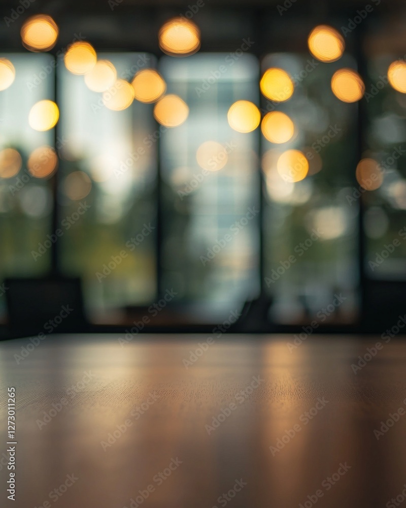 A close-up of an empty table in the foreground, with a blurry office background, blurred focus, and bokeh lights. A close-up of an empty table in the foreground, with a blurry office background, blurred focus, and bokeh lights.