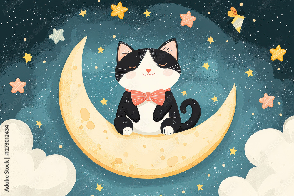 Naklejka premium Adorable cat sitting on crescent moon with stars and clouds, watercolor illustration Style.