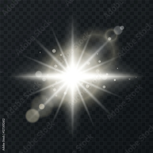 Glare light effect, isolated. Flash of explosion and lens flare illustration, glitter, line, sun flare, sparkle and star. Abstract image of yellow flare and bokeh stars. Vector illustration eps 10