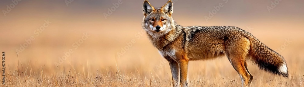 Fototapeta premium A lone coyote stands in a vast, open field, showcasing its wild beauty and keen expression.