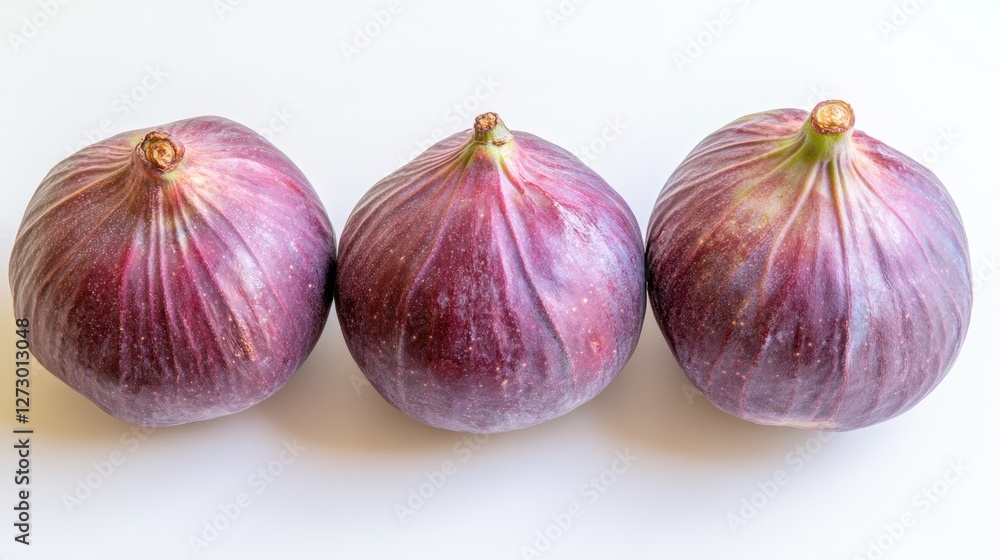 Obraz premium Three Fresh Purple Figs Arranged on a Light Background Showcasing Their Natural Texture