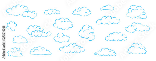 Set of abstract pencil clouds. Hand drawn cartoon cloudy sky. Vector illustration of collection of blue eddy on white background. Imitation of a child's drawing with pencils on blackboard.