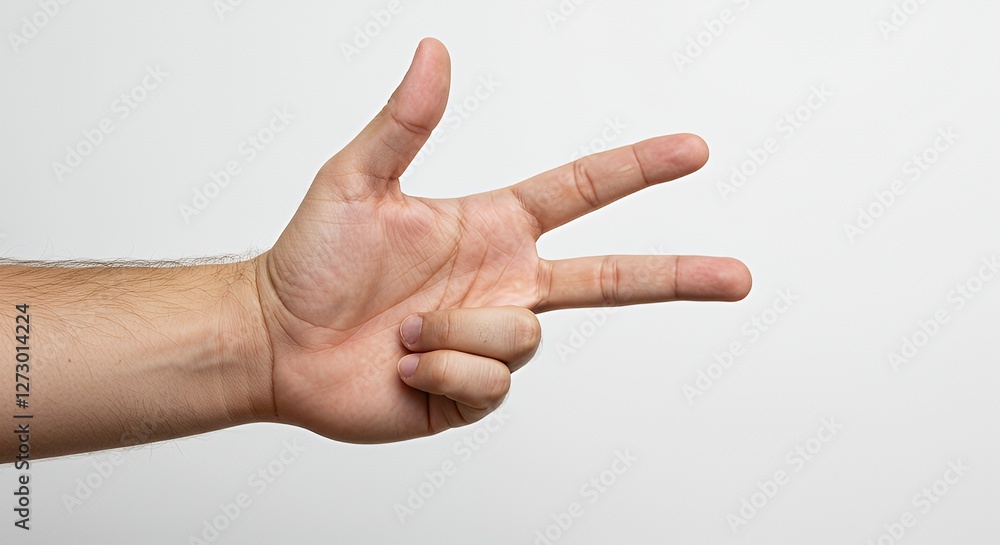 Hand Showing Three Fingers Gesture on a White Background Hand Showing Three Fingers Gesture on a White Background