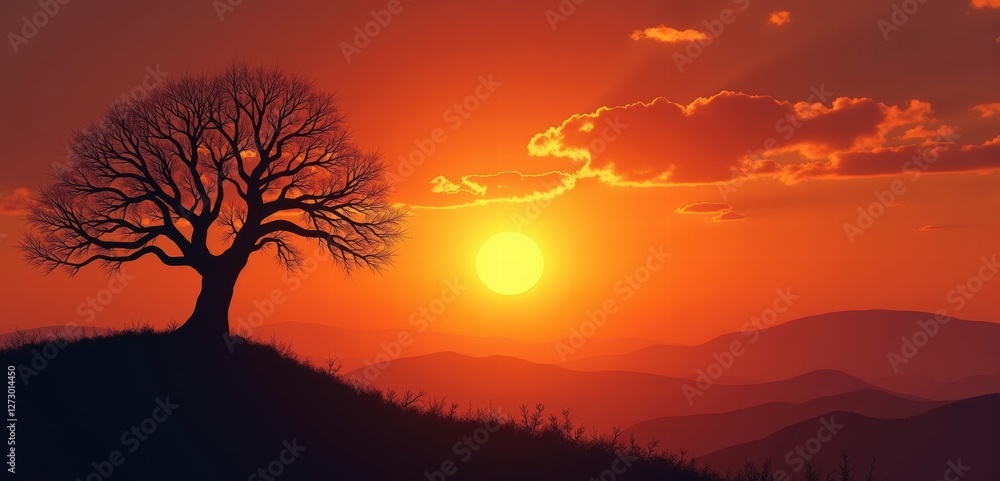 Fototapeta premium A serene sunset landscape featuring a solitary tree silhouetted against a vibrant orange sky, perfect for nature and relaxation-themed projects.