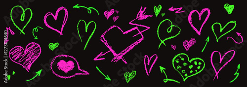 Set of acid pink and green hearts signs drawn by wax pencil. Love symbols in doodle style. Collection of hand drawn kid hearts elements for rock, hip hop music poster design. Vector illustration