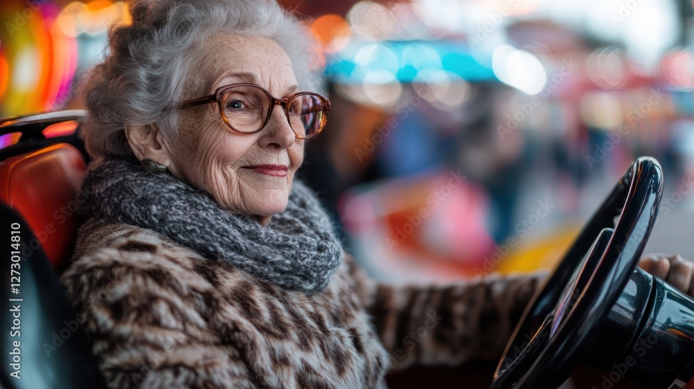 Obraz premium Elderly woman driving amusement park ride, lights blurred