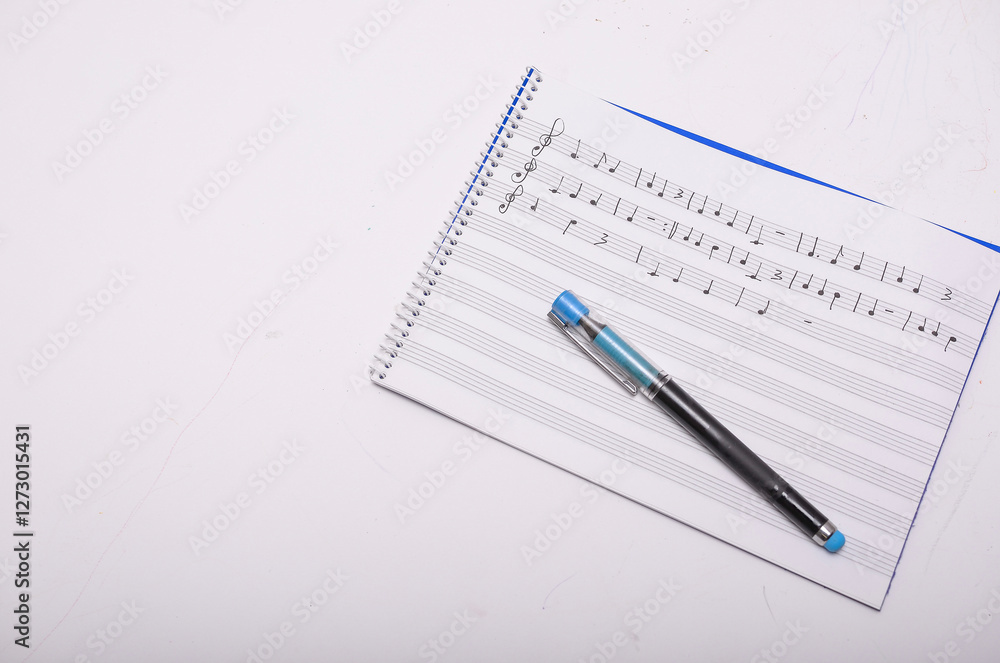 Composer writing music notes with pen on notebook on white table Composer writing music notes with pen on notebook on white table