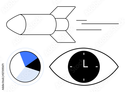 Rocket showing speed, pie chart for data analysis, eye with clock symbolizing vision and time focus. Ideal for themes of productivity, innovation, efficiency, growth, time tracking, strategy