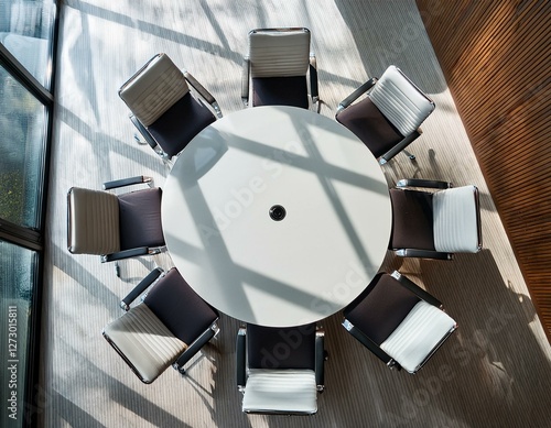 Top view of a conference room. A white round table and six chairs around. 3D interior.