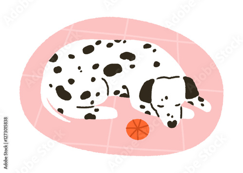 Dog sleeping on mat. Cute Dalmatian puppy curled up, resting at cozy home. Doggy lying, napping, relaxing. Calm canine animal pet asleep. Flat vector illustration isolated on white background