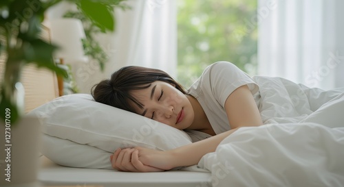 Free Download woman sleeping well with soft white pillow and fresh bedding Nature concept, DSLR, real photo, high resolution, photography, ultra resolution - GFXLoad