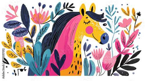 Colorful horse illustration with floral elements  
