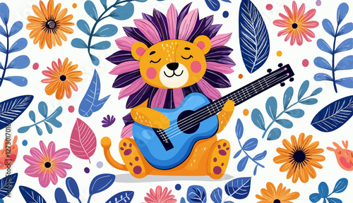 Cute lion playing guitar in floral background  
