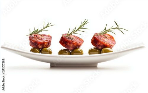 Wallpaper Mural Levitating plate of Spanish tapas with chorizo and olives, isolated on a white background Torontodigital.ca