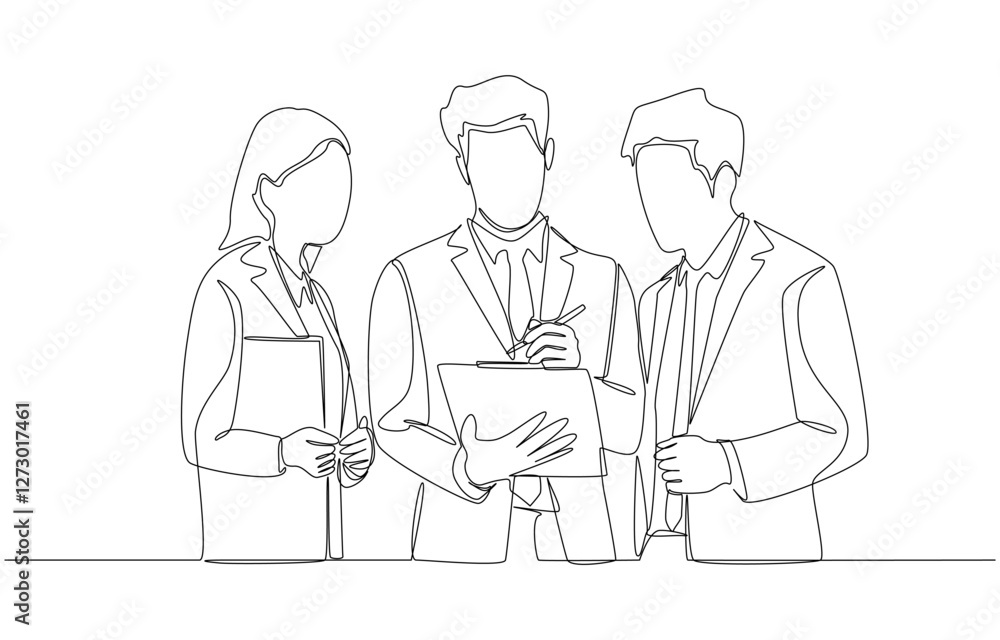 Continuous one line drawing of project manager explaining job details to office workers, work discussion at office concept, single line art Continuous one line drawing of project manager explaining job details to office workers, work discussion at office concept, single line art