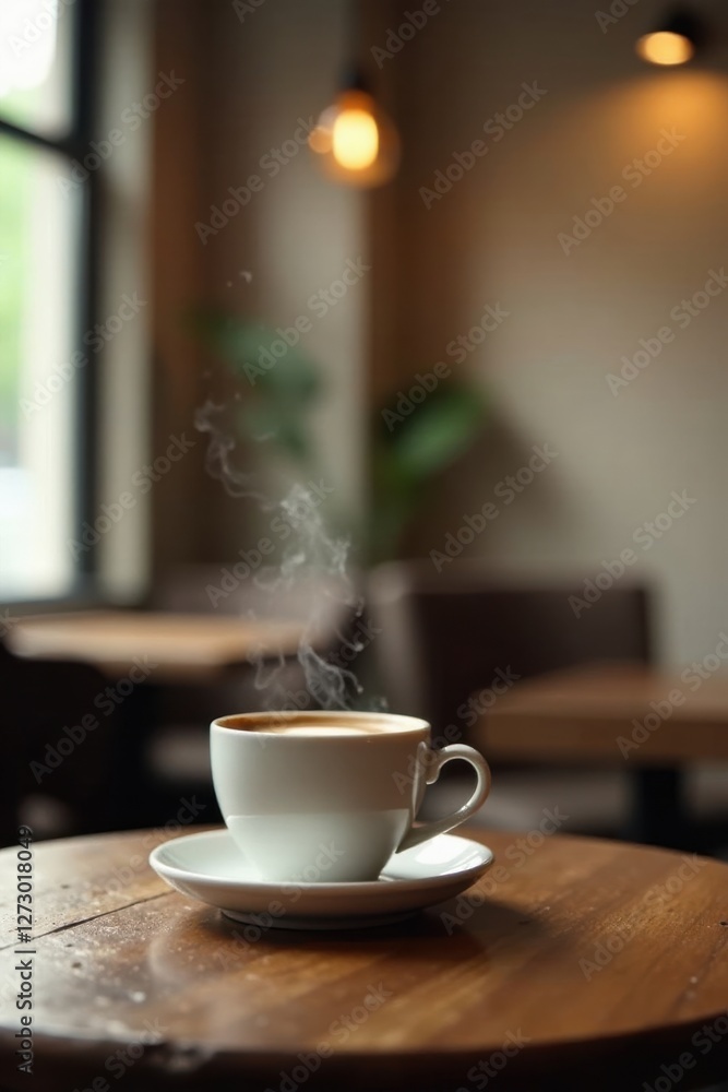 Aromatic Steam Rising From a Warm Cup of Coffee on Wooden Table in a Cozy Cafe Aromatic Steam Rising From a Warm Cup of Coffee on Wooden Table in a Cozy Cafe