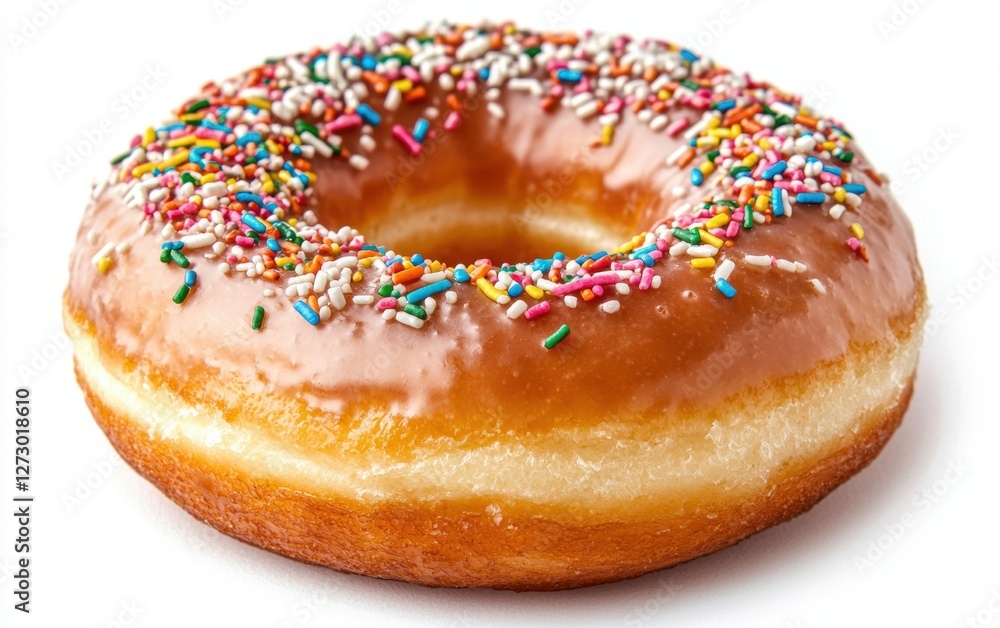 Midair glazed doughnut with sprinkles, isolated on a bright background