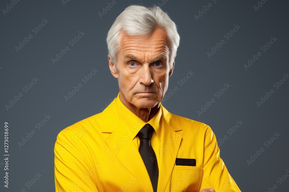 A man in a yellow suit and tie is looking at the camera with a stern expression A man in a yellow suit and tie is looking at the camera with a stern expression