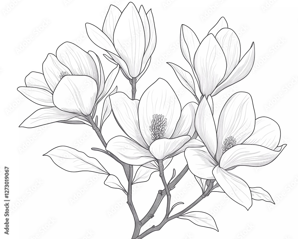 A bouquet of magnolia flowers, vector line art, letterpress style, black lines on a white background A bouquet of magnolia flowers, vector line art, letterpress style, black lines on a white background