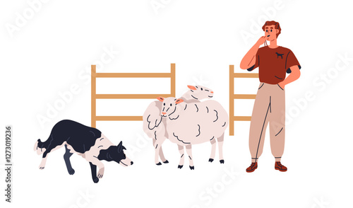 Sheepdog herding sheep. Canine trainer, handler, farmer teaching, educating work dog, guardian, shepherd animal on farm, guarding livestock. Flat vector illustration isolated on white background