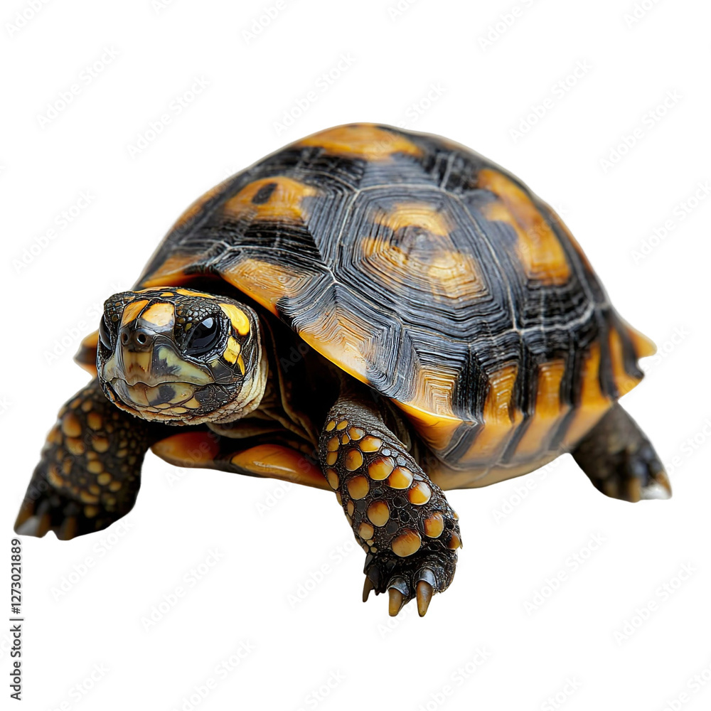 Obraz premium Angled view full body shot of an extremely perfect looking single russian tortoise isolated on a white transparent background