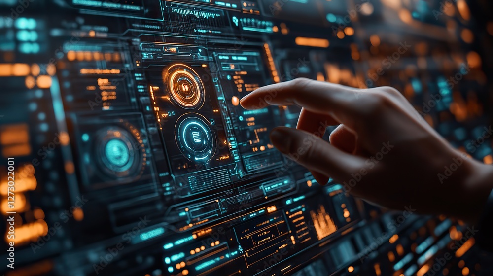 Fototapeta premium person using virtual display to select fintech icon in a futuristic financial technology interface highlighting innovative digital solutions