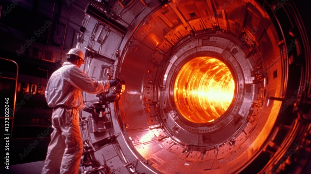 A worker inspects a glowing nuclear fusion reactor core