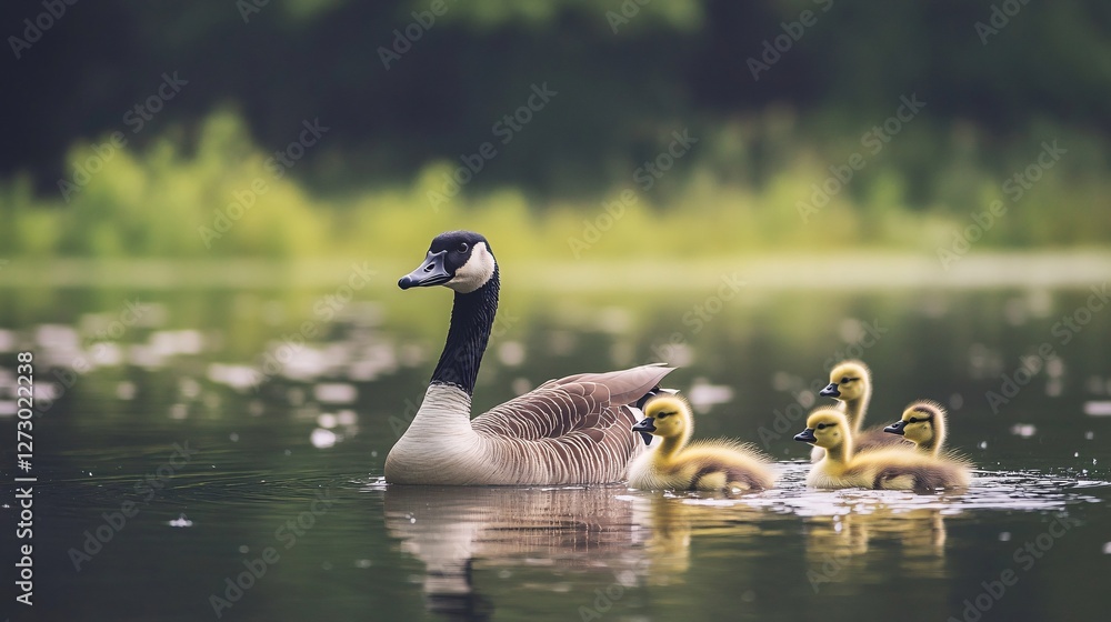 Mother Goose Swimming Gracefully with Adorable Goslings in a Serene Pond, Capturing the Essence of Nature's Beauty and Family Bonding in a Tranquil Setting Mother Goose Swimming Gracefully with Adorable Goslings in a Serene Pond, Capturing the Essence of Nature's Beauty and Family Bonding in a Tranquil Setting