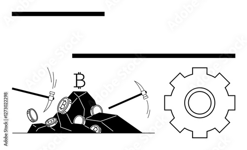 Mining tools extracting cryptocurrency coins from rocks, Bitcoin symbol above, gear symbolizing blockchain processes. Ideal for blockchain, cryptocurrency, fintech, mining, technology, innovation