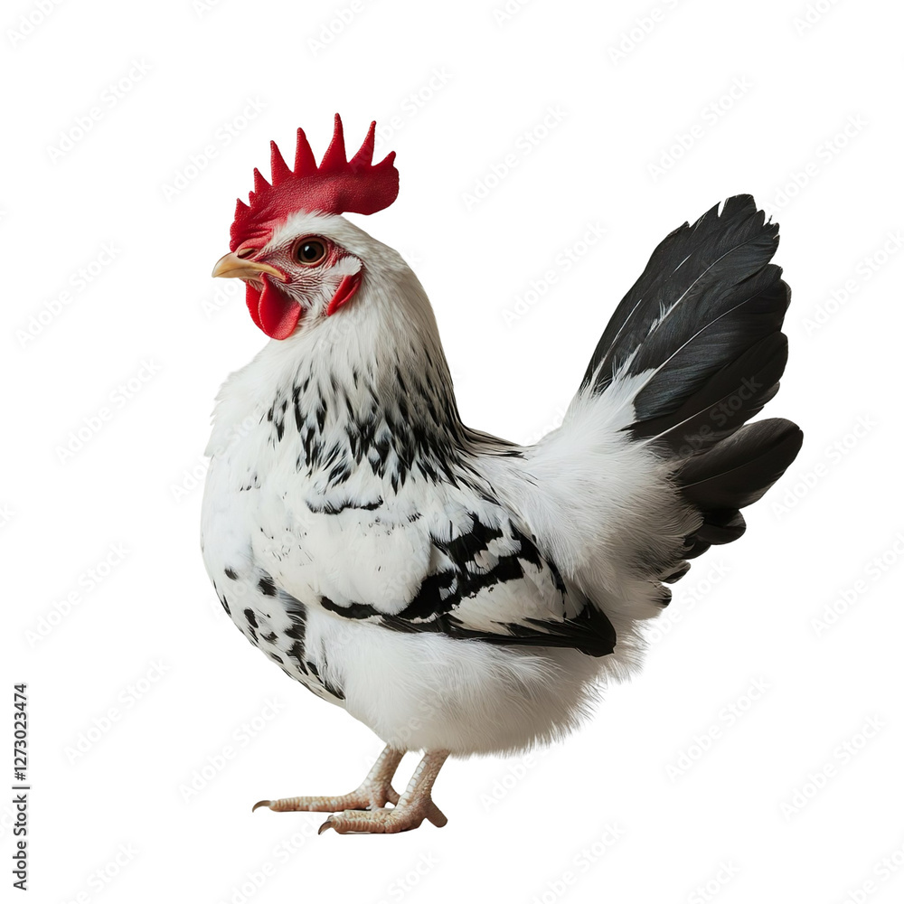 Fototapeta premium Angled view full body shot of an extremely perfect looking single redcap chicken isolated on a white transparent background