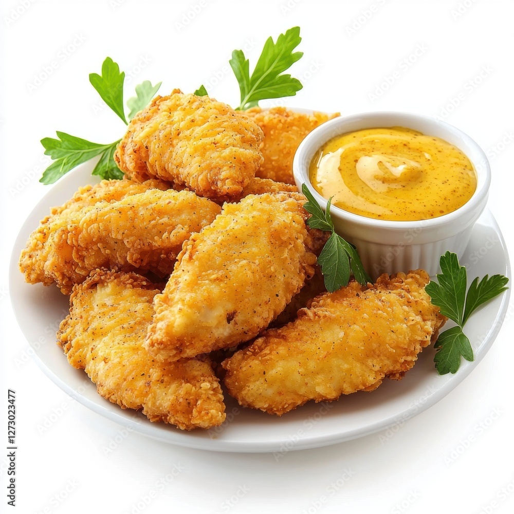 Crispy golden chicken tenders with honey mustard dip isolated on white Crispy golden chicken tenders with honey mustard dip isolated on white
