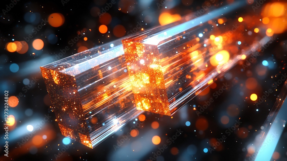 Fototapeta premium Vibrant orange and blue energy pulses brilliantly within a glowing glass cube. AI Generated