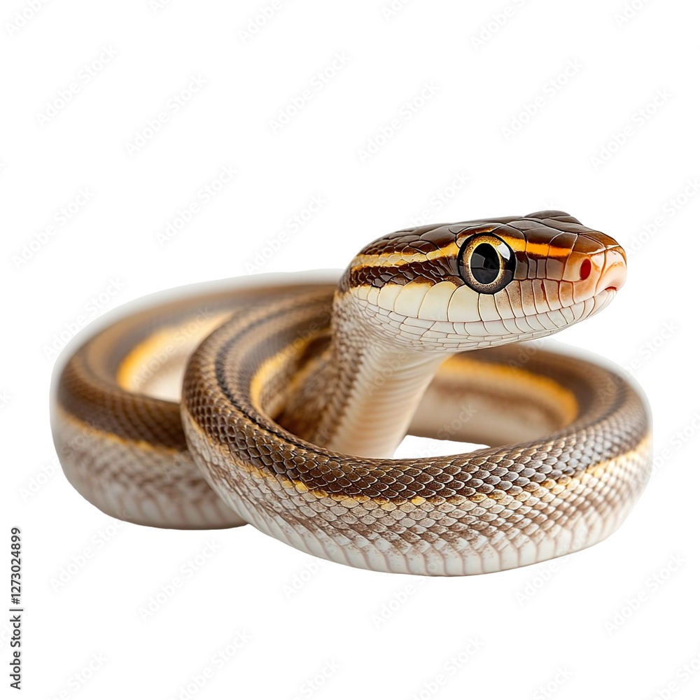 Fototapeta premium Angled view full body shot of an extremely perfect looking single ribbon snake isolated on a white transparent background