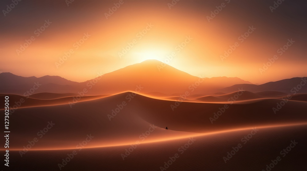 Obraz premium Sunset silhouette in desert landscape natural scene dunes peaceful atmosphere wide-angle view serenity