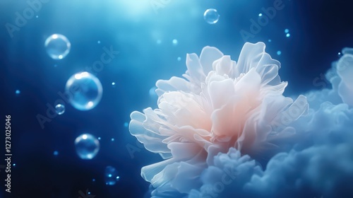 Dreamlike underwater scene with glowing bubbles and soft coral in a tranquil ocean environment photo