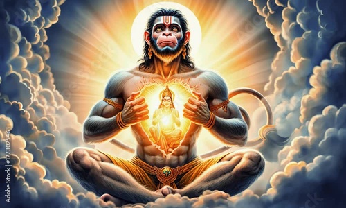 Hanuman meditation in celestial realm spiritual art inspirational setting divine perspective