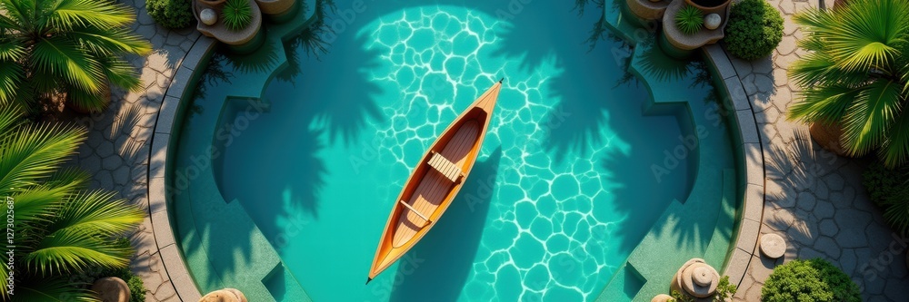 A serene aerial view of a wooden canoe gliding through crystal-clear water, surrounded by lush greenery, evoking relaxation and tranquility. A serene aerial view of a wooden canoe gliding through crystal-clear water, surrounded by lush greenery, evoking relaxation and tranquility.