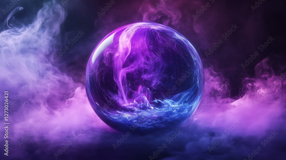 Obraz premium A crystal ball emitting purple smoke, with mysterious light effects, in a fantasy style against a dark background, with a glowing effect and purple and blue tones