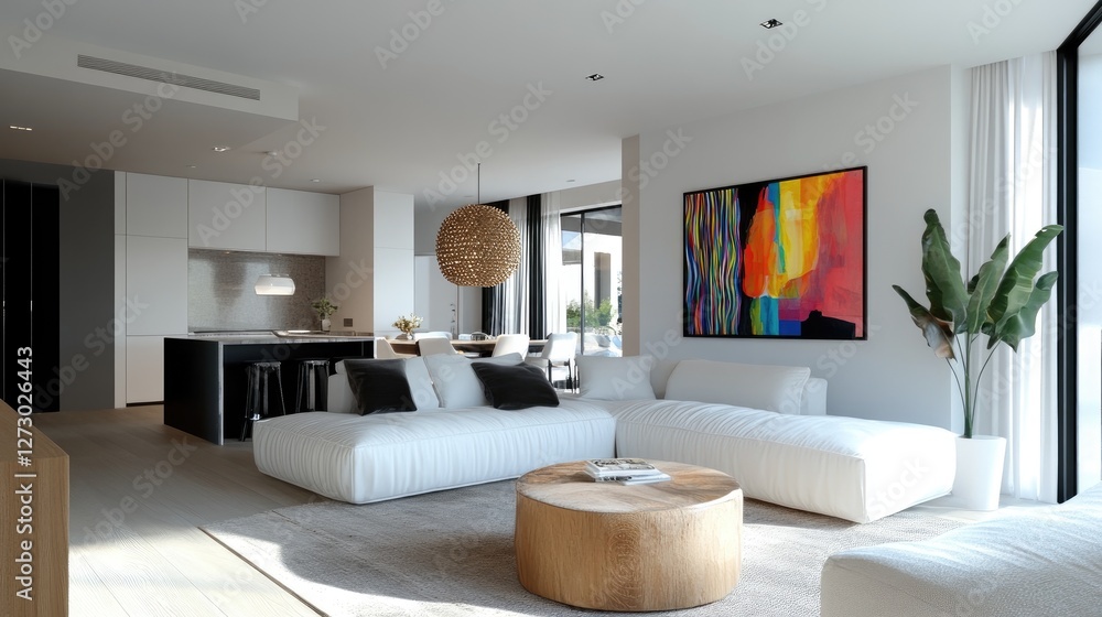 Fototapeta premium A contemporary minimalist living room featuring a white sofa and colorful abstract art, creating a balance of simplicity and sophistication.