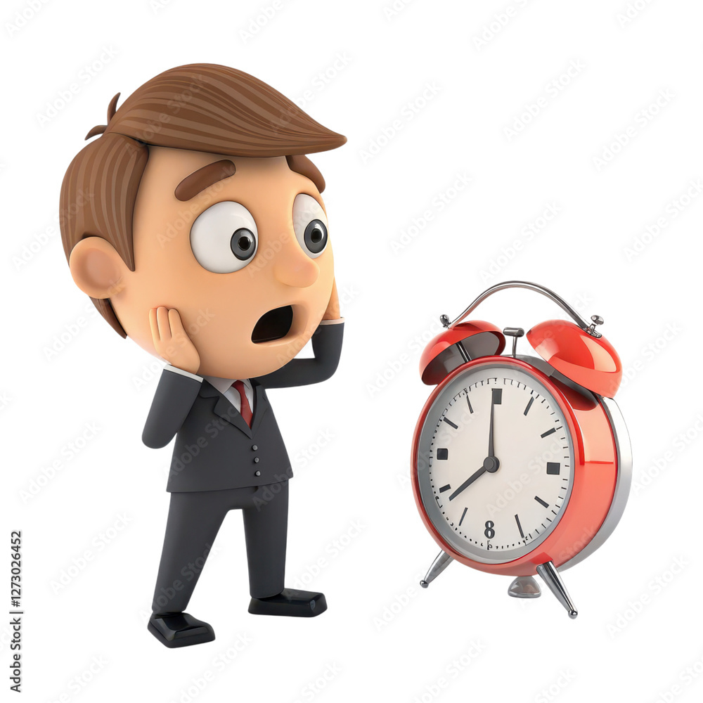 3D of Cartoon 3D of a Surprised Businessman in a Suit Reacting to an Alarm Clock in an Office Setting Representing Pressure Deadlines and Time Management Challenges in the Workplace