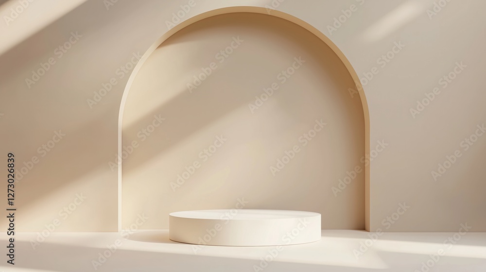 a minimal podium scene with a white arch on a beige background for product presentation, with empty space for text or a logo. a minimal podium scene with a white arch on a beige background for product presentation, with empty space for text or a logo.