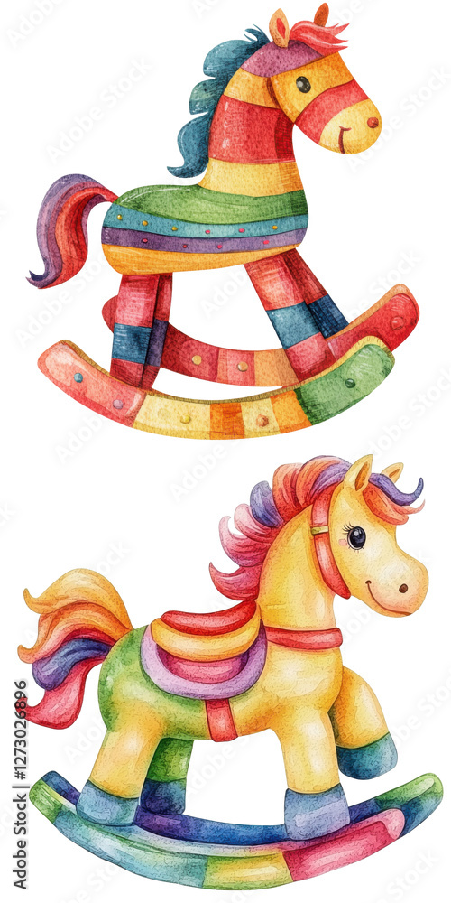 Fototapeta premium Vibrant watercolor rocking horses playful nursery decor charming art soft background whimsical design