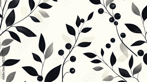 Monochrome floral pattern; elegant leaves, berries; white background; textile design