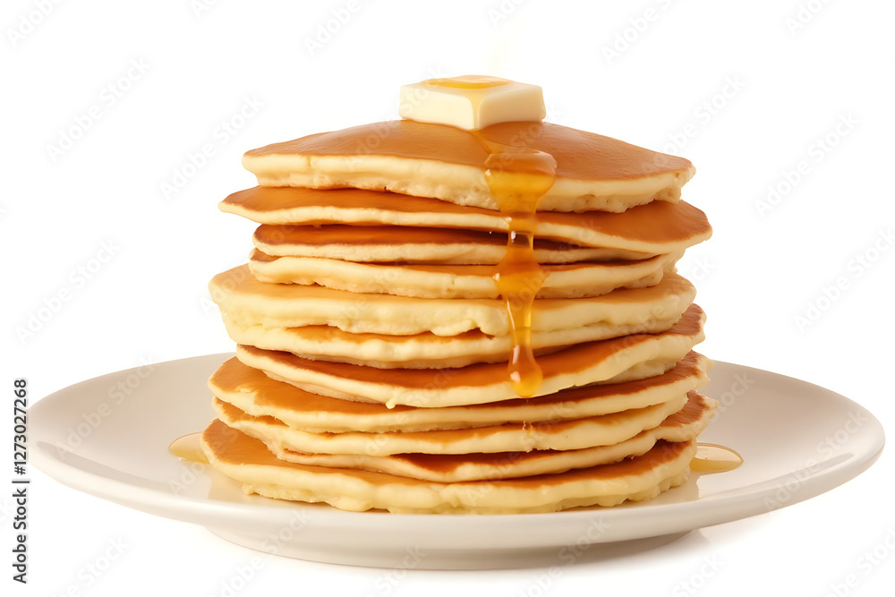 A stack of pancakes with a drizzle of butter and syrup on top. The pancakes are piled high and look delicious A stack of pancakes with a drizzle of butter and syrup on top. The pancakes are piled high and look delicious