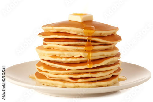 A stack of pancakes with a drizzle of butter and syrup on top. The pancakes are piled high and look delicious