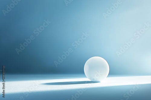 A minimalist and modern scene featuring an isolated white sphere in the center of a light blue room with a clean, minimalist aesthetic. The background is a soft gradient from dark to bright blue.