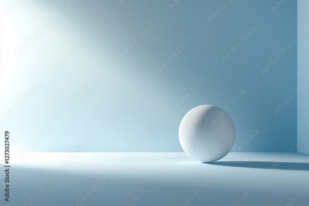 A minimalist and modern scene featuring an isolated white sphere in the center of a light blue room with a clean, minimalist aesthetic. The background is a soft gradient from dark to bright blue. A minimalist and modern scene featuring an isolated white sphere in the center of a light blue room with a clean, minimalist aesthetic. The background is a soft gradient from dark to bright blue.